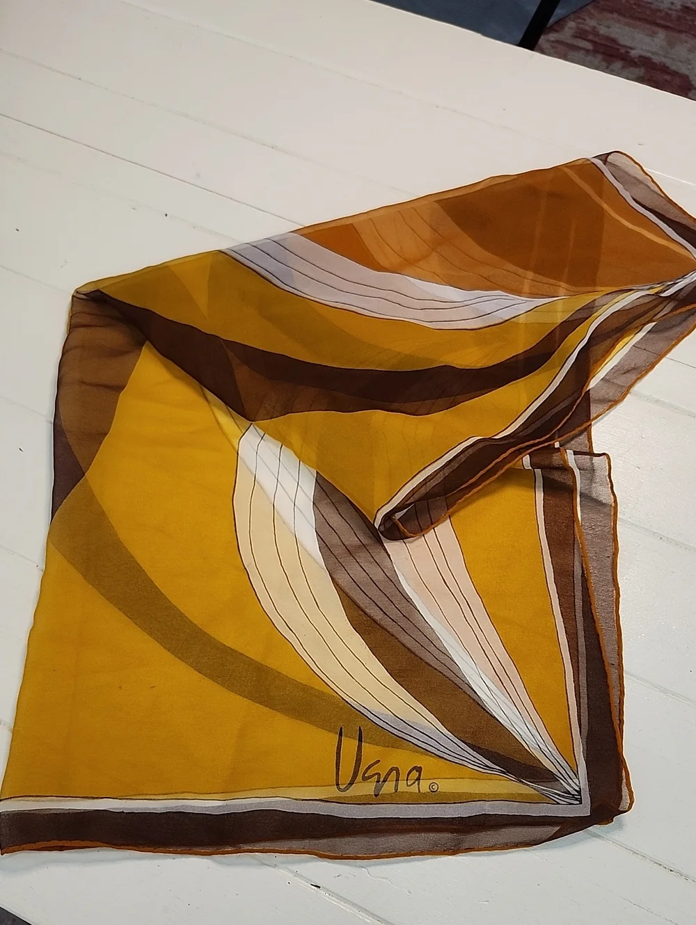 Vintage Vera Neumann Sheer Silk Chiffon Scarf Square Gold Brown Orange White